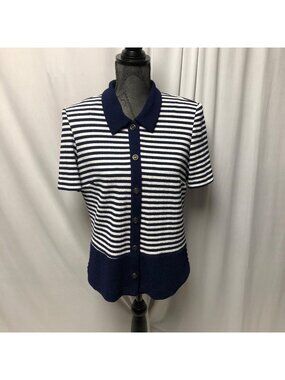 R & M Richards Top Womens Size 10 Blue White Striped Short Sleeve Stretchy Comfy